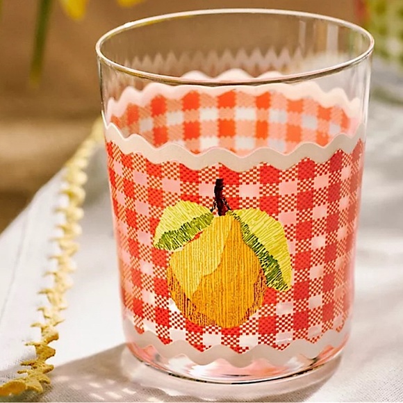Anthropologie Set of 2 Ischia Gingham Lemon Fruit Juice Drinking Glasses NWT - Picture 1 of 4